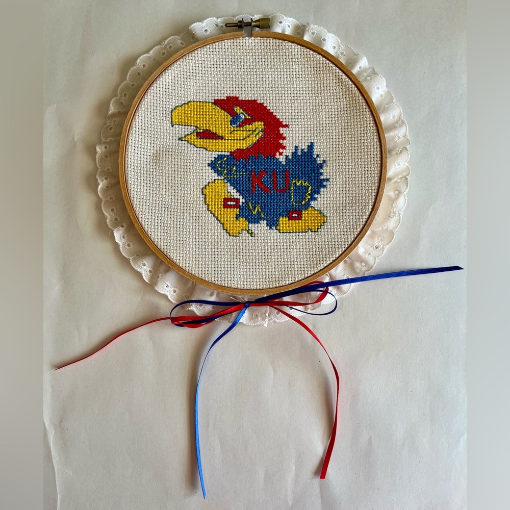 Vintage Handmade Cross Stitch University Kansas KU Big Jay Framed Piece - 7.25"